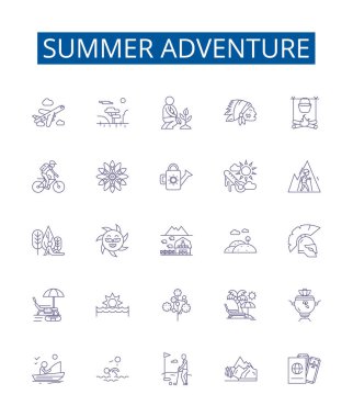 Yaz macera çizgisi simgeleri belirlendi. Tatil, Trekking, Kamp, Yürüyüş, Yüzme, Rafting, Kayak, Keşif konsepti çizimleri