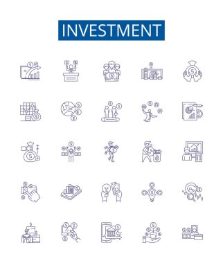 Yatırım çizgisi simgeleri ayarlandı. Tasarım koleksiyonu, Fon, Tasarruf, Sermaye, Mevduat, Hisse Senetleri, Kaynaklar, Bonds ana hatları vektör çizimleri