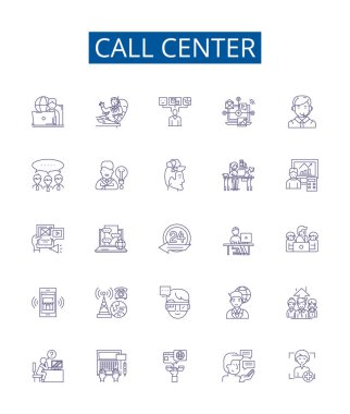 Merkez hat simgeleri ayarlandı. Callcenter, Call Center, Callcenter Operator, Telemarketing, Voicemail, Live Chat, Destek, Agent ana hatları vektör çizimleri koleksiyonu