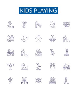 Çocuklar çizgi simgelerini oynuyorlar. Çocuklar, Oyun, Oyunlar, Oyuncaklar, Açık hava, Frisbee, Futbol, Atlama ana hatları vektör çizimleri koleksiyonu