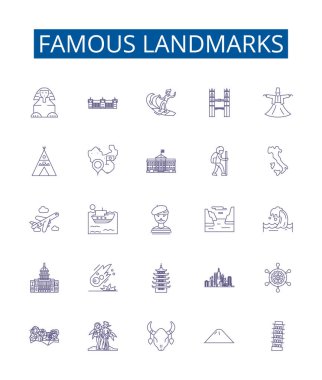 Ünlü simge simgeleri belirlendi. Anıt, Kule, Kale, Saray, Kale, Kale, Tapınak, Piramit ana hatları vektör çizimleri koleksiyonu