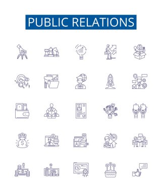 Halkla ilişkiler çizgi simgeleri belirlendi. Halkla İlişkiler, Pazarlama, Medya, İlişkiler, İtibar, Strateji, Reklam ana hatları vektör çizimlerinin tasarım koleksiyonu