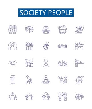 Toplum insanları çizgi simgeleri belirlendi. Toplumun, insanların, kültürün, toplumun, insanlığın, insanların, vatandaşların tasarım koleksiyonu, sınıf ana hatları vektör çizimleri
