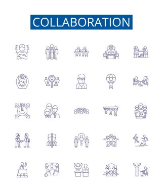 İşbirliği çizgisi simgeleri ayarlandı. Tasarım koleksiyonu: İşbirliği, Ortaklık, Takım Çalışması, İttifak, Senkronizasyon, Koordinasyon, Ortak çaba, Sinerji ana hatlı vektör çizimleri