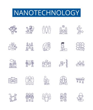 Nanoteknoloji çizgi simgeleri ayarlandı. Nano, Teknoloji, Nanomateryaller, Nanopartiküller, Nanoelektronik, Nanotıp, Nanobotlar, Nanofabrikasyon ana hatları vektör çizimleri tasarımı
