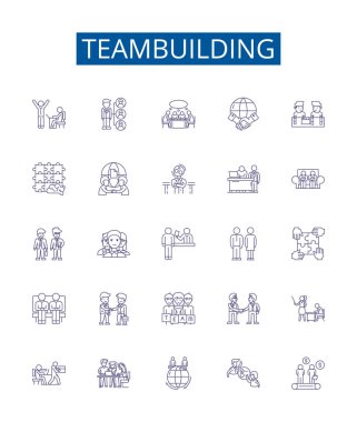 Takım oluşturma simgeleri ayarlandı. Takım çalışması, Kooperatif, İşbirliği, Ağ, Birleşme, Bağlanma, İletişim, Motivasyon ana hatları vektör çizimleri tasarımı