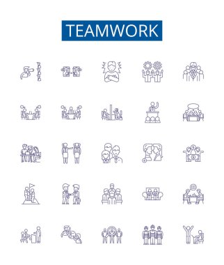 Takım çalışması simgeleri ayarlandı. İşbirliği, İşbirliği, Sinerji, Duygusallık, Birlik, Ortaklık, Birlik, İttifak ana hatları vektör çizimleri tasarımı