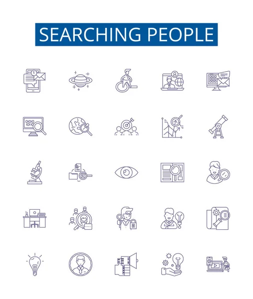 Buscando Personas Línea Iconos Signos Establecidos Colección Diseño Find Seek — Vector de stock