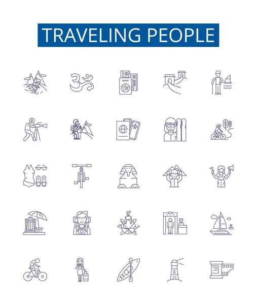 Viajando Personas Línea Iconos Letreros Establecidos Diseño Colección Viajeros Voyagers — Vector de stock