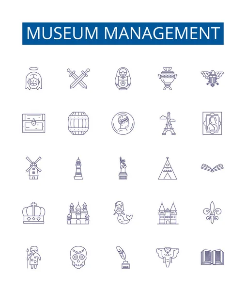 Museum Management Lijn Pictogrammen Borden Ingesteld Design Collectie Van Curating — Stockvector