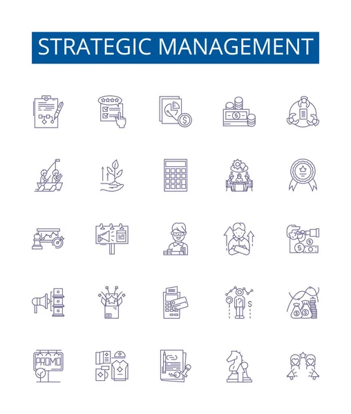 Ikony Linii Zarządzania Strategicznego Ustawione Kolekcja Projektów Planowanie Wykonywanie Przegląd — Wektor stockowy
