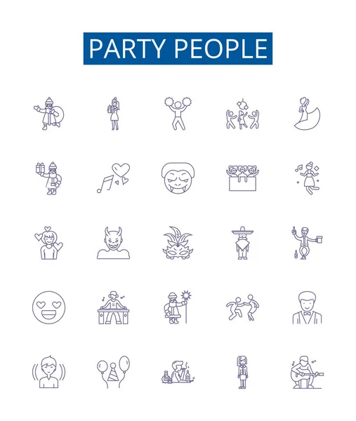 Party People Line Icons Signs Set Design Collection Festive Revelers — Stock Vector