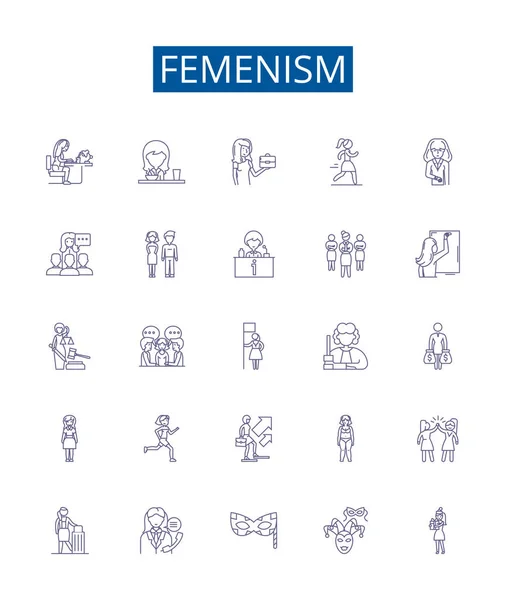 stock vector Femenism line icons signs set. Design collection of Feminism, Womanism, Equality, Liberation, Rights, Womxn, Empowerment, Autonomy outline vector concept illustrations