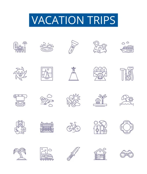 Viajes Vacaciones Línea Iconos Signos Establecidos Diseño Colección Vacaciones Excursiones — Archivo Imágenes Vectoriales