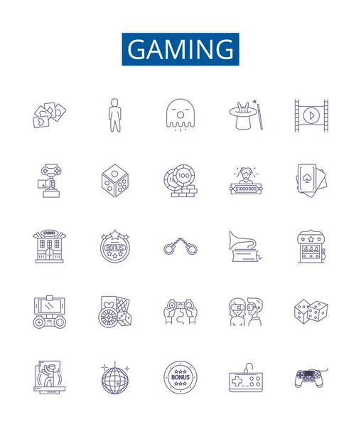 stock vector Gaming line icons signs set. Design collection of Gaming, Video, Console, eSports, Online, RPG, MMORPG, FPS outline vector concept illustrations