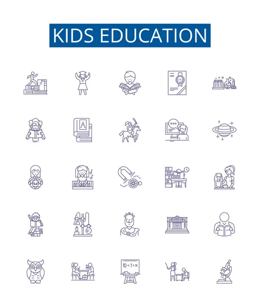 Niños Línea Educación Iconos Letreros Conjunto Colección Diseño Ilustraciones Conceptos — Vector de stock