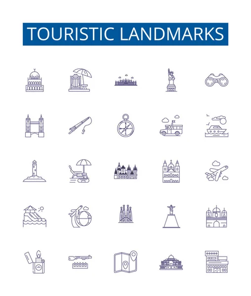 Lugares Interés Turístico Línea Iconos Signos Establecidos Colección Diseño Turismo — Vector de stock