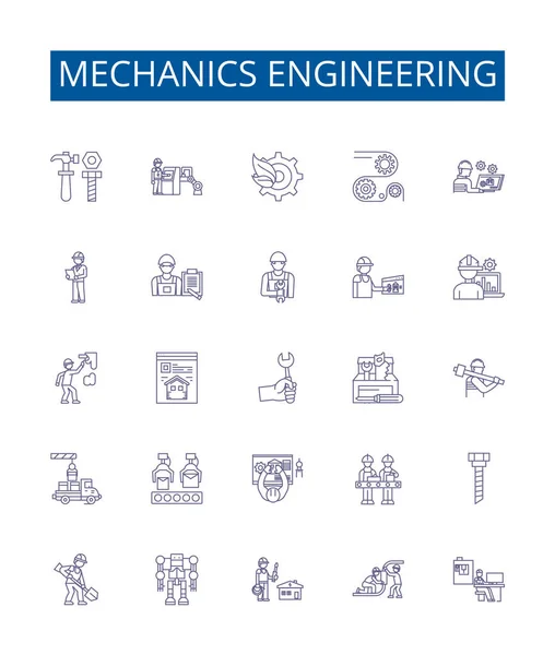 Línea Ingeniería Mecánica Iconos Letreros Conjunto Diseño Colección Mecánica Ingeniería — Archivo Imágenes Vectoriales