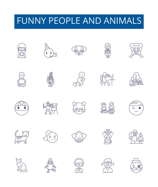 Legrační Lidé Zvířata Čáry Ikony Nastavit Design Kolekce Humorné Komické — Stockový vektor