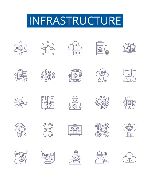 Linha Infra Estrutura Ícones Sinais Definidos Projeto Coleção Edifícios Estradas —  Vetores de Stock