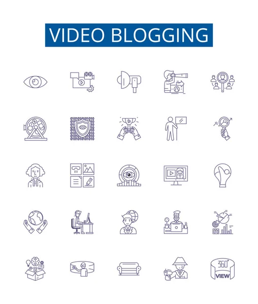 Videoblogging Line Symbole Zeichen Gesetzt Designsammlung Von Vlogging Videoblogging Videoblogging — Stockvektor