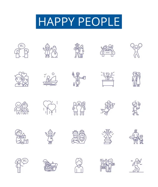 Happy People Line Icons Signs Set Design Collection Cheerful Joyful — Stock Vector