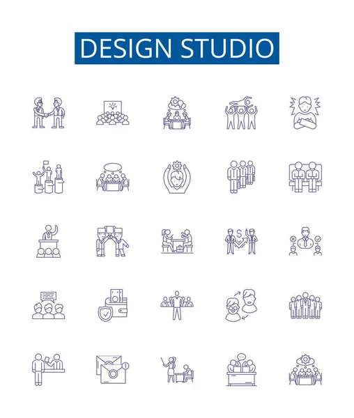 スタジオラインアイコンのデザインが設定されます デザイン スタジオ アート クリエイティブ グラフィック インテリア ビジュアルアウトラインベクトルコンセプトイラストのデザインコレクション — ストックベクタ