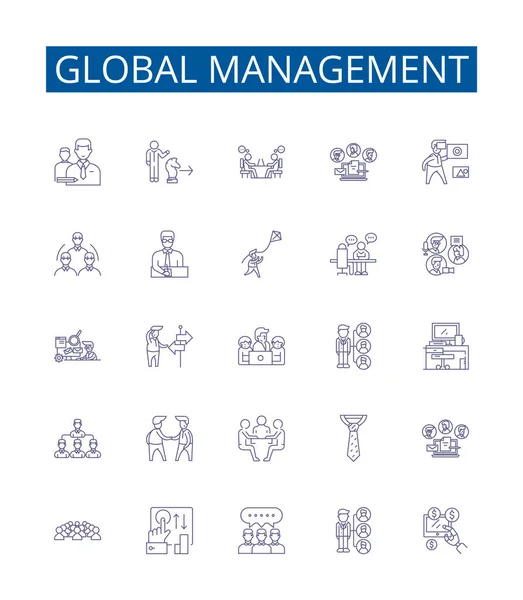 Línea Gestión Global Iconos Signos Establecidos Diseño Colección Global Gestión — Vector de stock