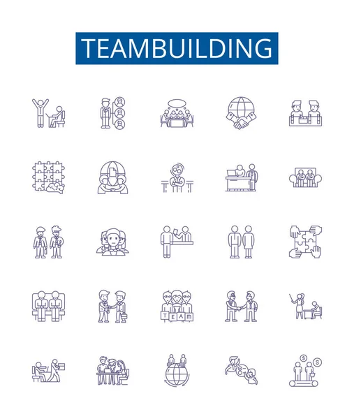 Conjunto Letreros Iconos Línea Teambuilding Diseño Colección Trabajo Equipo Cooperativa — Vector de stock