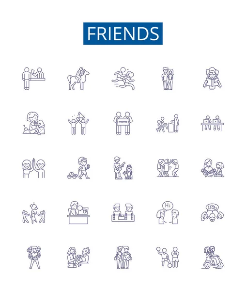 Друзі Встановлюють Знаки Рядків Піктограм Дизайн Колекції Компаньйонів Приятелів Однолітків — стоковий вектор