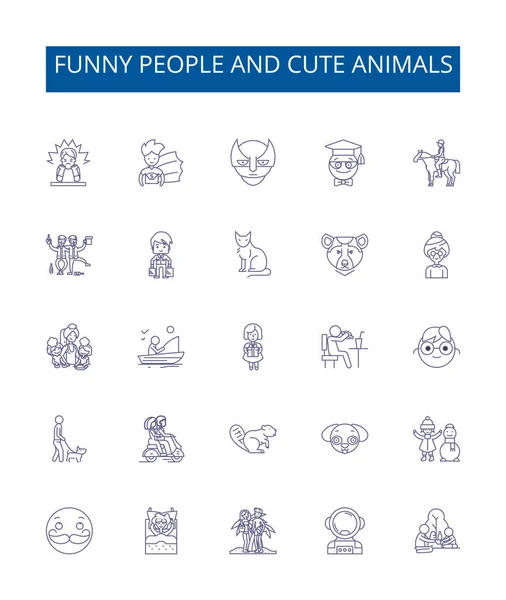 Αστείοι Άνθρωποι Και Χαριτωμένα Ζώα Γραμμή Εικονίδια Σήματα Που Design — Διανυσματικό Αρχείο