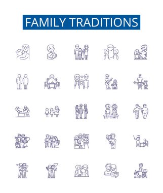 Aile gelenekleri çizgisi simgeleri ayarlandı. Geleneklerin, Aile, Kutlamalar, Ritüeller, Gümrük, Tarihler, Miras, Miras ana hatları vektör çizimleri tasarımı