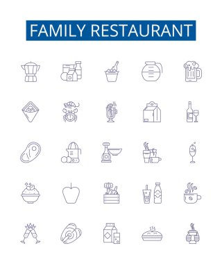 Aile restoranı çizgisi simgeleri ayarlandı. Aile, restoran, yemek, yemek, mutfak, yer, kafe, gıda ana hatları konsepti çizimleri tasarım koleksiyonu