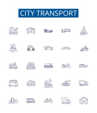 Şehir taşıma hattı simgeleri ayarlandı. Şehir, Ulaşım, Otobüs, Metro, Otomobil, Bisiklet, Taksi ana hatları konsept çizimleri tasarım koleksiyonu