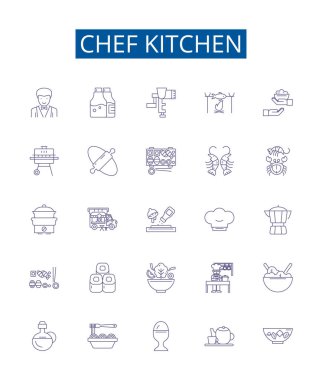 Şef mutfak çizgisi simgeleri ayarlandı. Aşçılık, Mutfak, Şef, Tarif, Mutfak Malzemeleri, Bıçaklar, Utensiller, Tasarım tasarım tasarım tasarımı