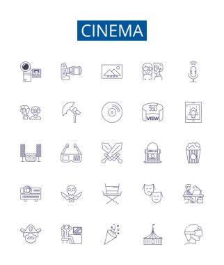 Sinema hattı simgeleri ayarlandı. Film, Tiyatro, Film, Gösterme, Gösterme, Projeksiyon, Makara, Oynatma ana hatları konsepti çizimleri koleksiyonu