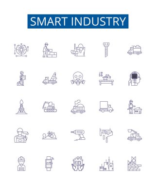 Akıllı sanayi çizgisi simgeleri ayarlandı. Endüstri 40, AI, Otomasyon, IoT, Üretim, Robotik, Dijitalleştirme, Veri Özeti konsept çizimleri tasarım koleksiyonu