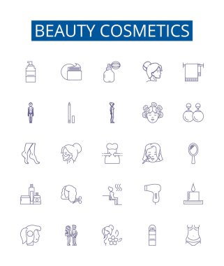 Güzellik kozmetik çizgisi simgeleri ayarlandı. Makyaj, Skincare, Saç Bakımı, Parfüm, Ruj, Yüz, Primer, Mascara ana hatları konsept çizimleri koleksiyonu