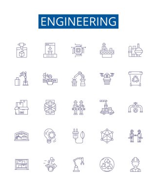 Mühendislik çizgisi simgeleri ayarlandı. Tasarım koleksiyonu: Mühendislik, Teknoloji, Tasarım, Üretim, İnşaat, Elektronik, Mekanik, Bilim ana Hattı: