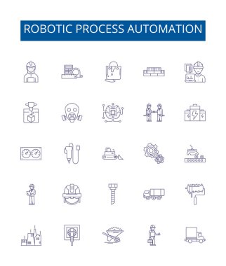 Robotik işlem otomasyon çizgisi simgeleri ayarlandı. Robot tasarım, süreç, otomasyon, yazılım, teknoloji, yapay, zeka, makine ana hatlı vektör çizimleri koleksiyonu