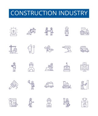 İnşaat endüstrisi çizgisi simgeleri belirlendi. İnşa, Mimarlık, Mühendislik, Müteahhitlik, Altyapı, Geliştirme, Tasarım, Tasarlama, Tasarlama ana hatları vektör çizimleri tasarımı
