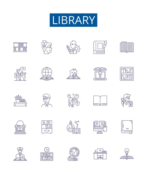 Linha Biblioteca Ícones Sinais Definidos Desenho Coleção Biblioteca Livros Referência — Vetor de Stock