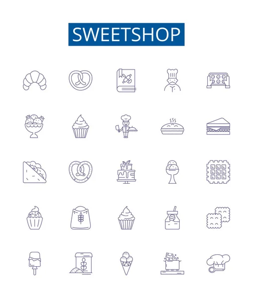 Sweetshop Línea Iconos Conjunto Signos Diseño Colección Dulces Dulces Confitería — Vector de stock