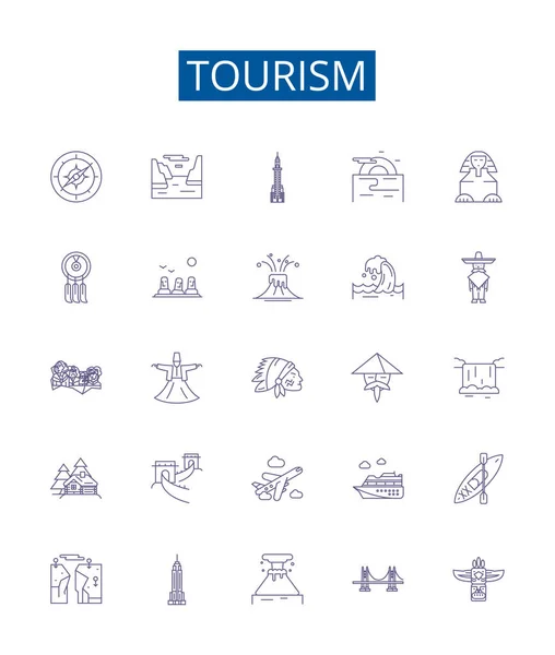 Ligne Tourisme Icônes Signes Ensemble Design Collection Voyage Visites Vacances — Image vectorielle