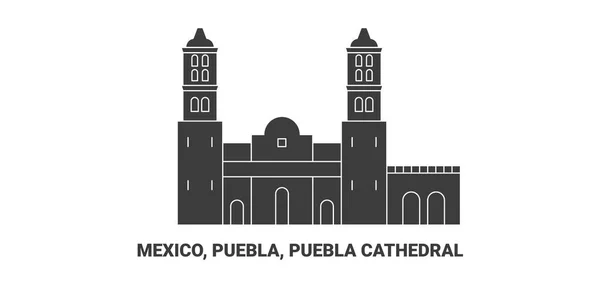Mexico Puebla Puebla Cathedral Travel Landmark Line Vector Illustration — Stock Vector