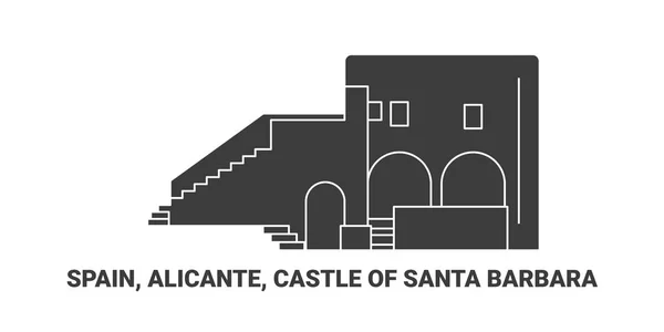 Spanien Alicante Slott Santa Barbara Resa Landmärke Linje Vektor Illustration — Stock vektor