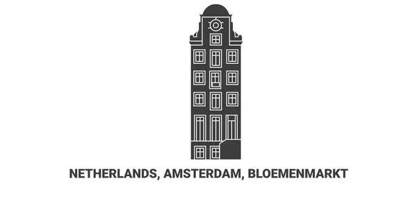 Niederlande Amsterdam Bloemenmarkt Reise Meilenstein Linienvektorillustration — Stockvektor