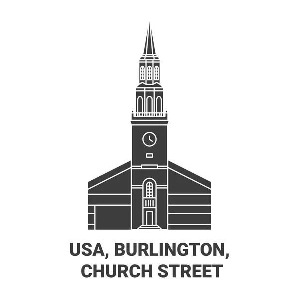 Usa Burlington Chiesa Street Viaggi Punto Riferimento Linea Vettoriale Illustrazione — Vettoriale Stock