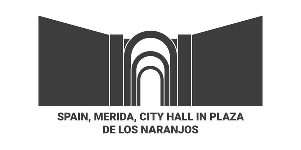 Spanien Merida Rathaus Plaza Los Naranjos Reise Meilenstein Linienvektorillustration — Stockvektor