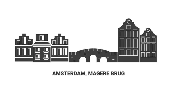 Netherlands Amsterdam Magere Brug Travel Landmark Line Vector Illustration — Stock Vector